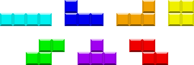 Tetris uses seven different tetriminos consisting of four blocks each.
